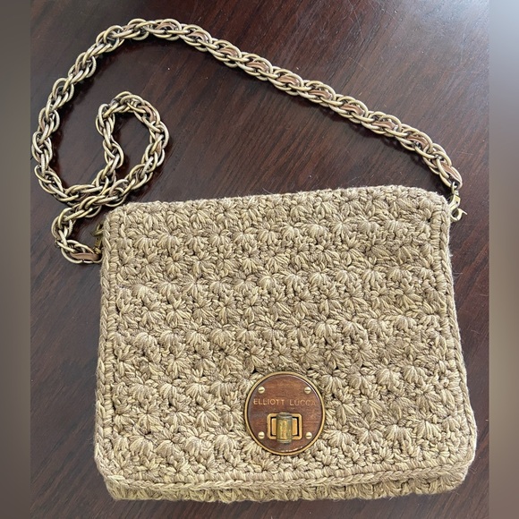 Elliott Lucca Woven Crochet Chain Strap Turn Lock Flap Bag Neutral Boho - Picture 1 of 16